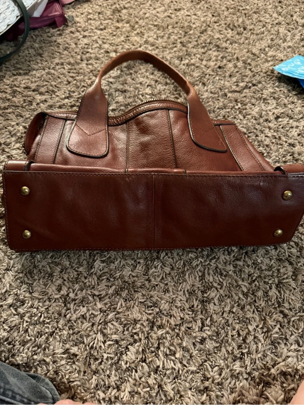 Vintage Fossil Cognac Leather Satchel Bag with Key Charm